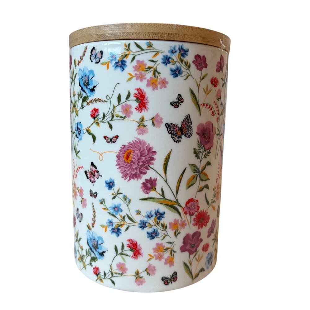 Grace Teaware Porcelain Canister w/ Wooden Lid Spring Floral Butterflies 8in NEW - Picture 5 of 15